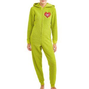 The Grinch Women's Union Suit Pajamas Green Red Heart NWT